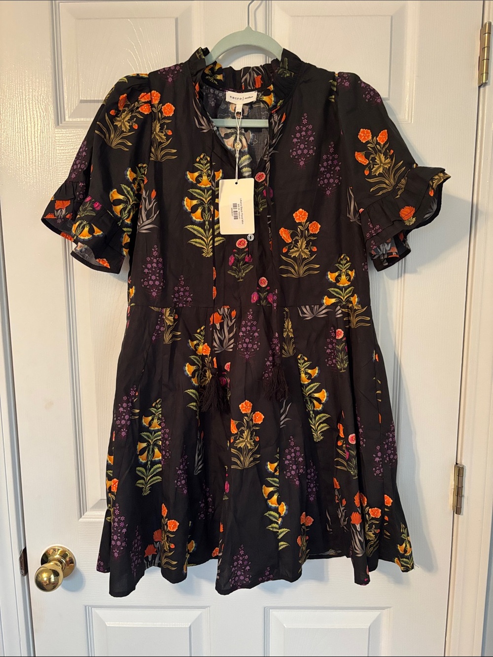 Liliana Black Floral Tiered Dress with Orange & Purple Accents